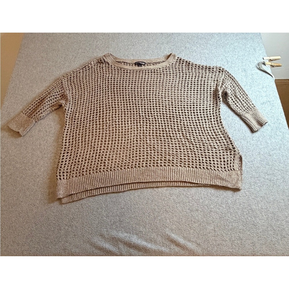 Express Sweater M Tan Metallic Open Knit Oversized M